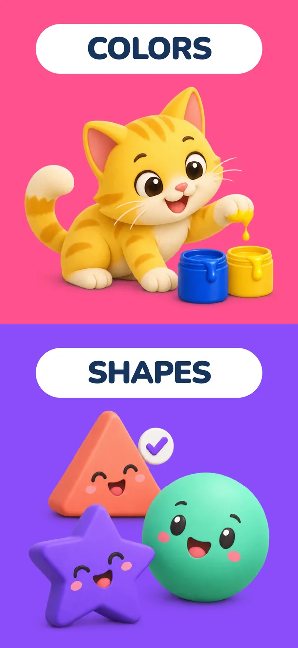 Poster: Colors and shapes — a cat with paint pots and smiling shapes
