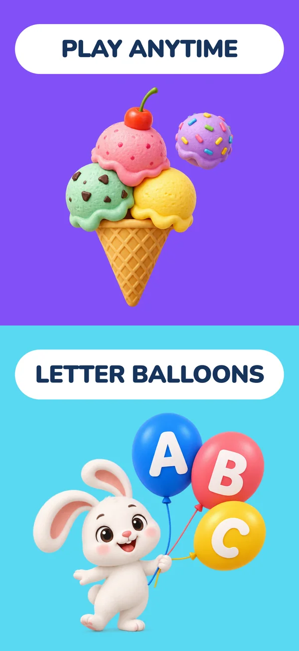 Poster: Play anytime — an ice-cream game and letter balloons
